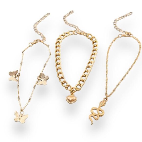 Gold Charming Butterfly Hearts Snakes Bangle Bracelet Anklet Set 3 pcs NEW - Picture 2 of 3